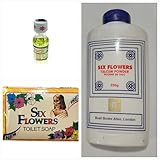 Set di (1 olio spirituale 18 ml, sapone spirituale 100 g, talco spirituale 250 g) sei fiori,