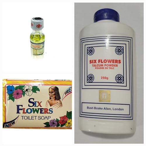 Lote de (1 óleo espiritual 18 ml, sabão espiritual 100 g, talco espiritual 250 g) seis flores