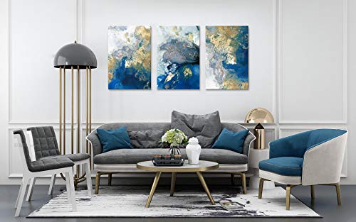 Ocean Abstract Canvas Art Blue Picture Gold Teal Painting Crashing Waves Artwork 3 Panel Wall Decor For Living Room Ready To Hang12X16In X3 #TOP4