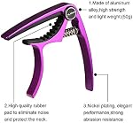 Purple Aluminium Capo - Key Clamp for Acoustic Guitar, Electric Guitar, Ukulele, Bass - Includes Guitar Picks, Leather Picks Holder and Bridge Pins Puller