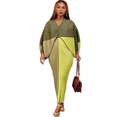 Xzlufny African Dresses For Women Plus Size Cocktail Dresses Date Night Batwing Sleeve Contrast Color Maxi Dress Army Green #TOP1