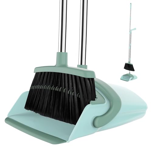 Image of Broom and Dustpan Set for Home, 51-in Long Adjustable Handle Angle Broom and Dustpan Combo Set with Dust Pan Teeth to Clean Hair for Home Kitchen Office Lobby Floor Garden, Green