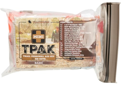 North American Rescue Mini T-PAK Trail Personal First Aid Kit (Basic) NAR Safety TPAK for Backpacking, Camping, Hiking with C-A-T Tourniquet, Gauze, Chafing Ointment (82-0075)