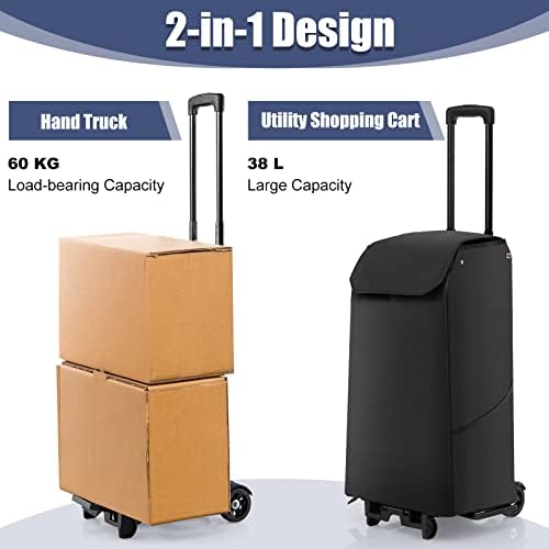 COSTWAY 2 in 1 Foldable Shopping Trolley, 3 Height Adjustable Portable Shopping Cart on Wheels with Bottom Extendable Design & Detachable Bag, Supermarket Rolling Grocery Bag/Hand Tuck (Black)