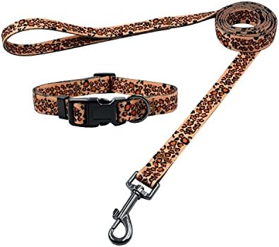 Olahibi Basic Dog Collar and Leash Combo Set, Leopard Pattern, Polyester Webbing, Collar and 150CM Matching Leash for Small Dogs.(S, Leopard Set)