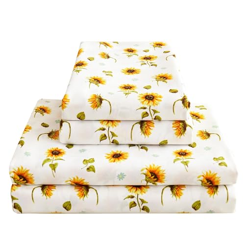Image of Softan Floral Sheet Set Full, Sunflower Printed Bed Sheets Double, Brushed Microfiber Fitted Sheet with 15 inch Deep Pocket & Non-Slip Straps, Yellow Flower Pattern Sheet & Pillowcase Sets