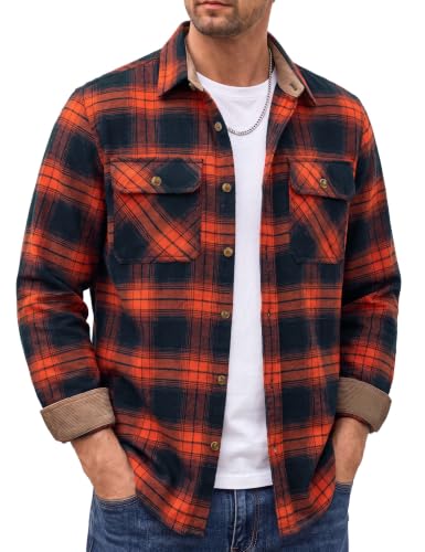 Image of Cotrasen Mens Flannel Shirts Cotton Plaid Button Down Shirt | Long Sleeve, Corduroy Collared, Soft,Breathable, Work, Western, Trendy, Casual Classic Flannel Shirt with Pocket