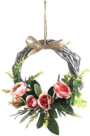 MagiDeal Artificial Flowers Wreath - Spring Decorative Silk Door Wreaths with Rattan Hoop and Green Leaves for Front Door Wall Garden Decor , Pink 28cm