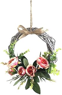 MagiDeal Artificial Flowers Wreath - Spring Decorative Silk Door Wreaths with Rattan Hoop and Green Leaves for Front Door Wall Garden Decor , Pink 28cm