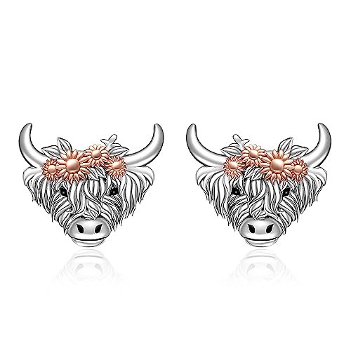 Highland Cow Earrings Stud for Women Sterling Silver Scottish Highland Cow Gifts Daisy Farm Animal Jewelry