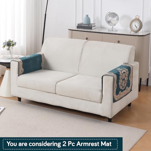 Image of HOKIPO Shahi Teal Premium Chenille Jacquard Sofa Armrest Cover - 1 Pair | 'Royal Aangan Series' (IN-1006-L2*2)