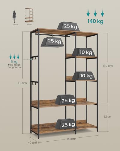 Miniatura 5 de Songmics Guardaroba, Stand Appendiabiti, Armadio Aperto Con Aste Per Appendere, Ripiani Portaoggetti, Ganci Rimovibili, 98 X 40 X 181 Cm, Marrone Vintage Rgr024b01