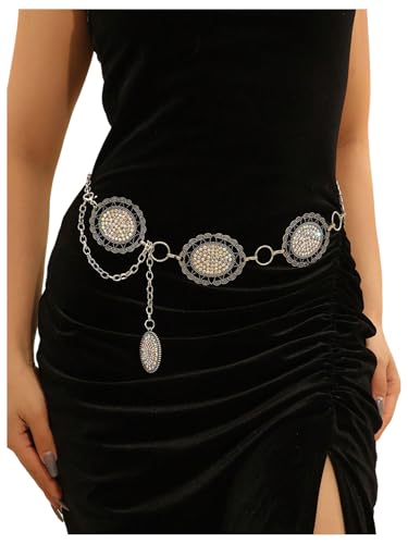 MakeMeChic Women's Rhinestone Sparkly Metal Concho Waist Belts Western Chain Belt For Jeans Dresses