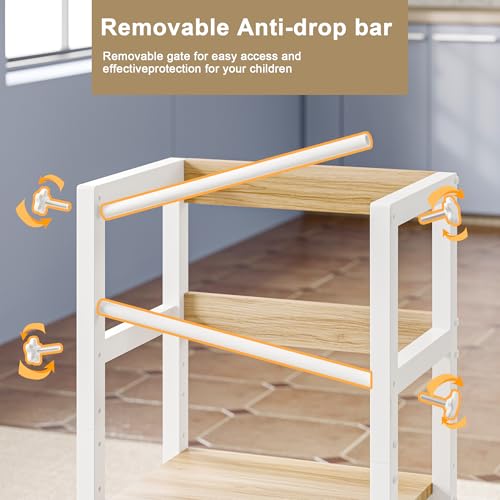 Image of INNOD Kitchen Step Stool for Toddlers, Height Adjustable Toddler Tower with Safety Rail, Steel and Wood Toddler Kitchen Stool Helper Kids, Stool for Kids, Learning Tower, Kids' Desk Wood White