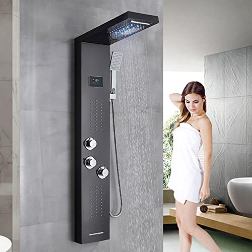 Columna de Ducha Negro con Panel de Ducha de Acero Inoxidable y LED, Sistema de Ducha con 5 Funciones, Hidromasaje y Ducha Cascada miniatura 2