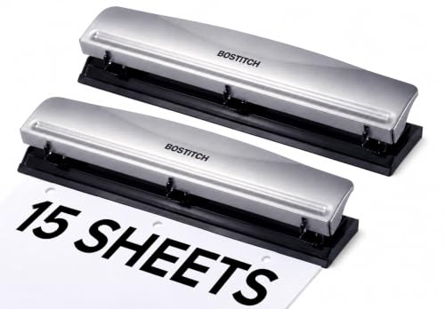 Image of Bostitch Office Premium 3 Hole Punch, 15 Sheet Capacity, Metal, Rubber Base, Easy-Clean Tray, Silver, 2-Pack