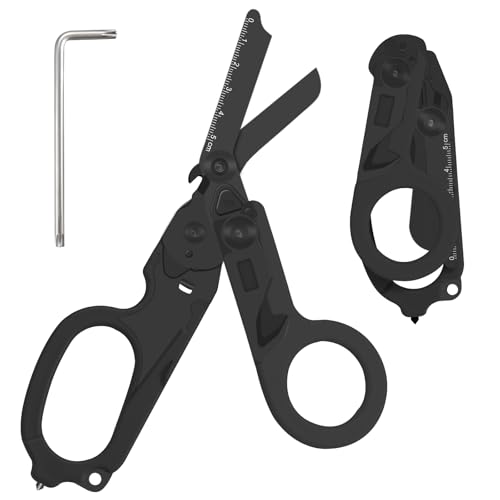 Image of 6 in 1 Multifunctional Combination Tool, Folding Retractable Emergency Shears, Outdoor Camping Tools, Seat Belt Cutter, Oxygen Cylinder Wrench, Complimentary Adjustable Wrench (Electroplating black)