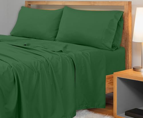 Image of Royale Linens 300 Thread Count 100% Long Staple Combed Cotton Flat Sheet - Super Soft- Top Sheets -Queen Flat Sheet Sold Separately- Breathable, Cool & Crisp Percale Sheets Only (Queen, Hunter Green)