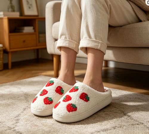 Image of FAYUEKEY House Slippers for Women Fuzzy Mens Fruit Series Strawberry Memory Foam slippers Bedroom Shoes
