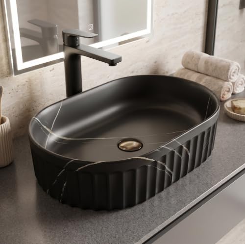 Image of BASSINO 22x14x6 Inches Ceramic Table Top Wash Basin /Designer Bathroom Sink /Countertop Vessel Basin /Oblong-Oval Above Counter Basin /Luxury Wash Basin for Bathroom /Dining Hall(Matt Black Marble Finish)