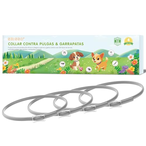 SEISSO 4 Collares Anitparasitarios para Gatos, Set de 4 Collar contra Pulgas y Garrapatas con 24-32 Meses de Protección, Collares Antipaulgas para Perros Pequeños y Gatos, 34.5 cm, Gris