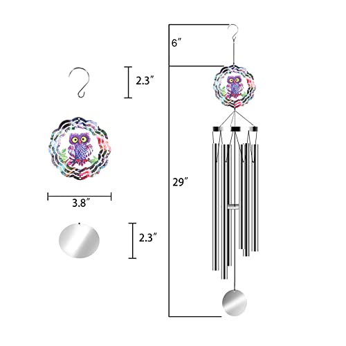 Helfne Metal 6 Tube Thumb Medium 29" Garden Owl Memorial Wind Chime For Outside Deep Tone, Backyard 3D Owl Loud Musical Sympathy Windchimes Outdoor (Silver) #TOP3