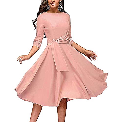 OutTop01 OutTop Vintage A-Line Dress for Women Half Sleeve O-Neck Elegant Solid Dress Casual Party Cocktail Swing Dresses with Belt (Pink, XL)