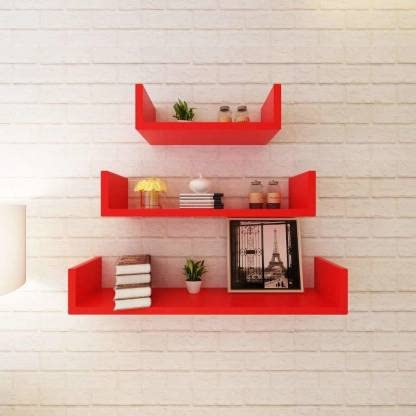 Image of DECORVISTA Wooden Handcrafted Wall Shelf Beautiful Floating Wall Racks Shelves Living & Bed Room Decor U Shaped Set of 3 (Multi) (RED)
