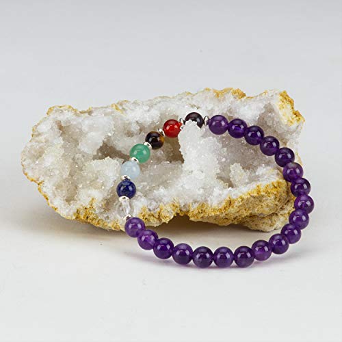 Cherry Tree Collection Natural Genuine Gemstone Chakra Stretch Bracelet | 6Mm Beads, Sterling Silver Spacers | Men/Women (Amethyst - Medium) #TOP1