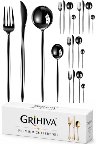 Image of 20 Pcs Black Slim Handle Stainless Steel Cutlery Set for Dining Table with Spoons and Forks Set + Butterknives - The Perfect Tableware /Flatware