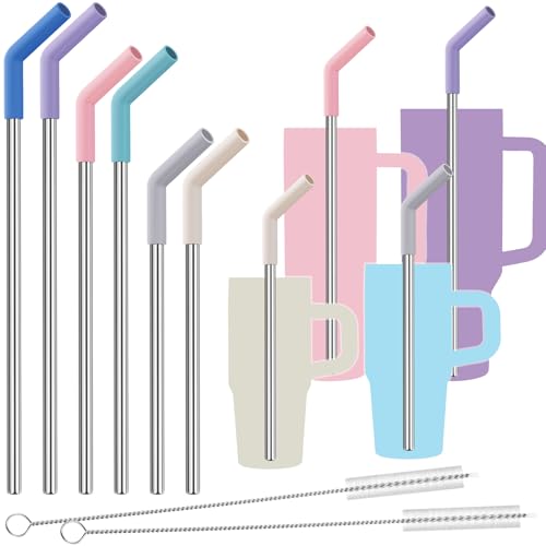 Tomorotec 6-Pack Stainless Steel Reusable Straws with Silicone Tips in 3 Sizes, Metal Drinking Straws for Stanley Quencher Tumblers 40oz, 30oz, 20oz, 14oz, Includes Cleaning Brushes (Morandi)