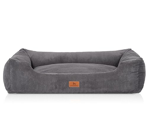 Knuffelwuff Hundebett aus Cord mit Handwebcharakter Olivia XXL 120 x 85cm Grau - Abnehmbarer Bezug - waschbar - für große, mittelgroße und kleine Hunde
