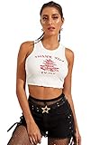 MakeMeChic Women's Casual Graphic Print Lettuce Trim Sleeveless Crop Tank Top White-1 S
