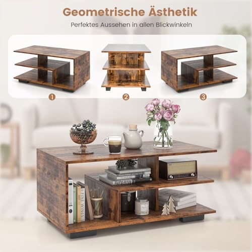 COSTWAY Couchtisch mit Stauraum, rechteckiger Wohnzimmertisch Retro mit L-förmiger Mittelablage, 3-stufiger geometrischer Kaffeetisch für Wohnzimmer, Empfangsraum, 90 x 50 x 42 cm (Rustikales Braun) – Bild 6