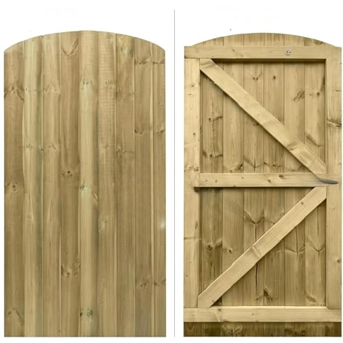Image of 180cm x 75cm Wooden Garden Gate | Pressure Treated Feather Edge Timber Gate | Dome Top Heavy Duty 6cm Thick Semi-Braced Side Gate