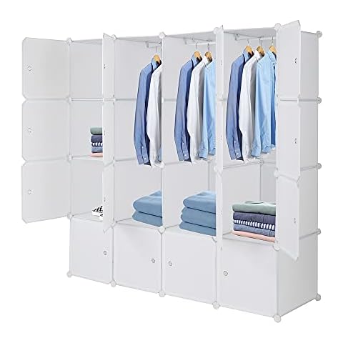 NIKKHO 4-Layer 16 Cube Organizer Stackable Plastic Cube Storage, Plastic + Steel Wire with 3 Clothes Rails, Free to Assemble, White Cover