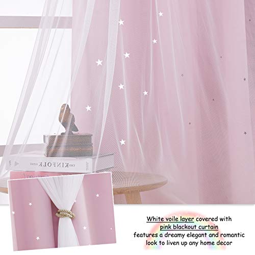 NICETOWN Vorhang Kinderzimmer Mädchen Gardine 2er Set Dekoration Curtains Doppellagige Verdunklungsvorhänge mit Hohlen Sternen und Voile H 160 x B 132 cm, Hellpink
