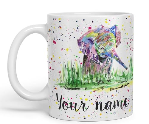 Vixar Personalised Mug with Your Text Name Elephant Baby Animals Watercolour Art Coloured Ceramic Mug Cup Gift 330ml 11oz Custom Work Office Tea Coffee (White)
