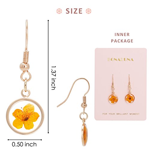 BONALUNA Pressed Flower Yellow Gold Plated Circle Dangle Drop Earrings4