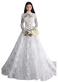 High Neck Wedding Dress Lace Appliques Bridal Gowns Long Sleeves with Train for Women Floor Length Vintage White 0 DR0933-04