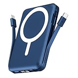 podoru for Magsafe Battery Pack, 10000mAh Magnetic Power Bank Built-in Double USB C Cables 20W PD Fast Charging LED Display Wireless Portable Charger for iPhone 17/16/15/14/13/12 Series-Navy Blue