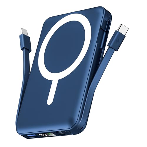 podoru for Magsafe Battery Pack, 10000mAh Magnetic Power Bank Built-in Double USB C Cables 20W PD Fast Charging LED Display Wireless Portable Charger for iPhone 17/16/15/14/13/12 Series-Navy Blue