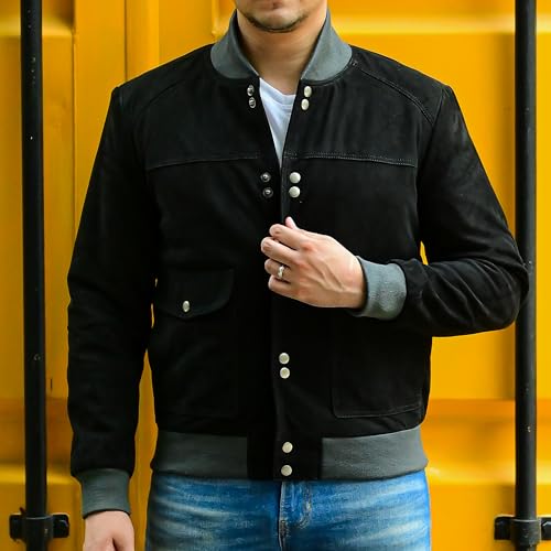 Image of Jild Varsity Style Leather Bomber Jacket Men - Casual Fashion Real Suede Classic MA-1 Leather Jacket Men
