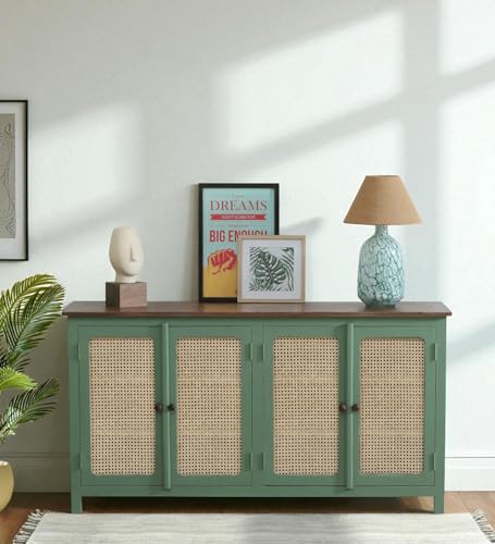 Image of Madrid 4-Door Cane Sideboard Solid Wood Cabinet in Olive Green & Off-White with Scratch-Resistant Top | Ideal for Crockery & Kitchen Storage