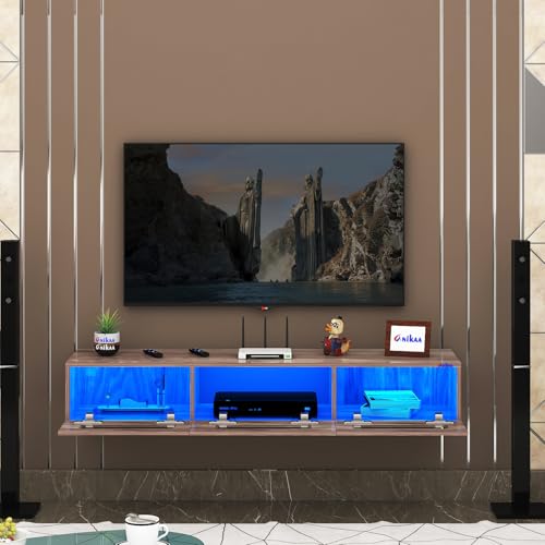 Image of Anikaa Rayza Wall Mount Modern Floating TV Unit for Living Room | 3 Closed Storage cabinets with hinged Door - 3 Blue LED Light | Ideal for UP to 65 Inch TV Coachwood Finish - DIY Installation