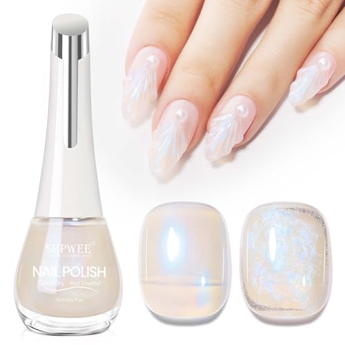 Blue Mermaid Pearl Nail Polish, Quick Dry Nail Lacquer Iridescent Nail Polish High Glossy Shimmer Aurora Effect for Fingernail and Toenail Air Dry Fast Home Manicure DIY