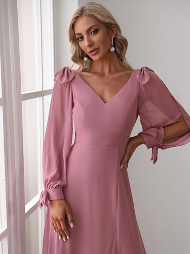 Image of Ever-Pretty Women's Fall Winter Formal Wedding Guest Dress Long Sleeve V Neck Chiffon Floor Length Bridesmaid Dresses 80116