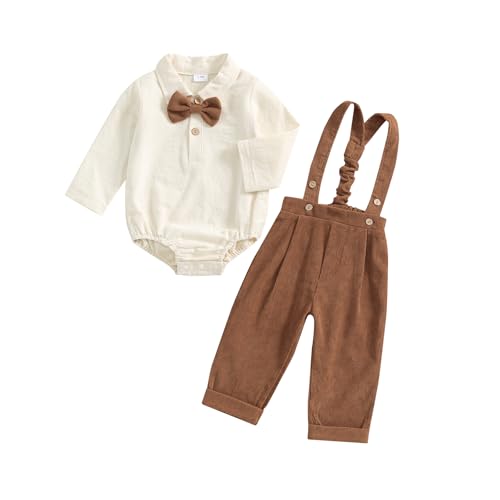 Geagodelia - Geagodelia Tenue Gentleman Bébé Garçon de 2 Pièces, Body Chemise à Manches Longues + Pantalon à Bretelles, Ensemble Gentleman Baptême Mariage Cérémonie (0-24 mois) (Brun, 18-24 Months)