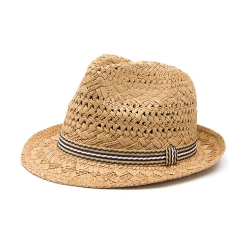 PRETYZOOM Handmade Woven Straw Fedora for Men High Cover Beach Party Cap Gentleman Hat Khaki Adult Size 1pc