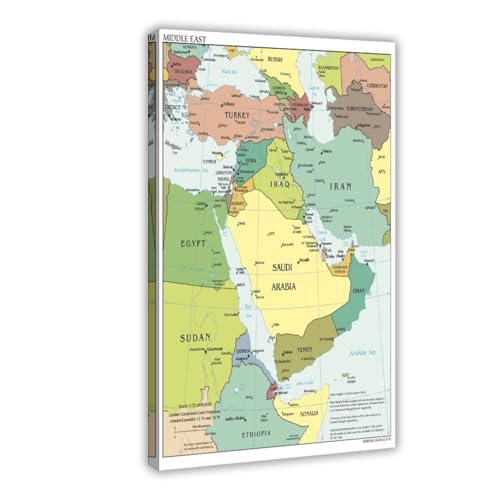 Póster de la CIA del mapa de Oriente Medio Iraq Irán Israel 2010 para dormitorio, lienzo decorativo para pared, oficina, habitación, decoración estética, marco de regalo, 30 x 45 cm
